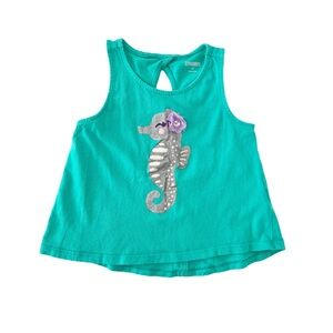 Gymboree Aqua Tank Top with Silver Glitter Seahorse & Purple Flower | Girls 2T